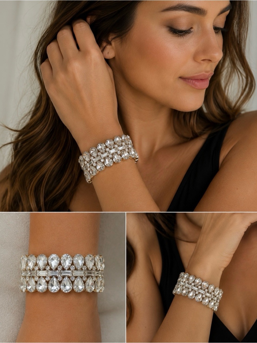 Gold-Tone Stretch Bracelet with Clear Crystal Accents - Picture 1 of 7